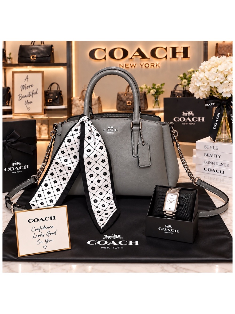 Coach. 4 Piece Set: Sage Carryall Satchel Bag & Free Watch, Scarf & Dust Bag.